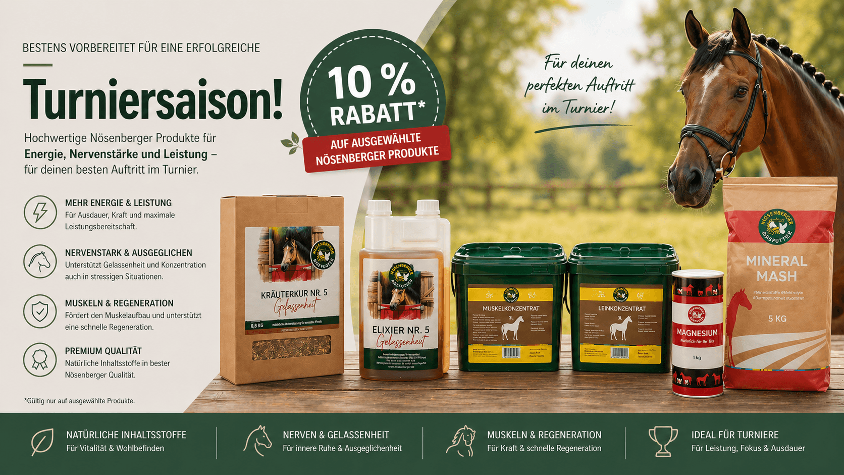 Nösenberger Pferdefutter für die Turniersaison – Ergänzungsfutter für Energie, Nervenstärke und Leistung mit Rabatt