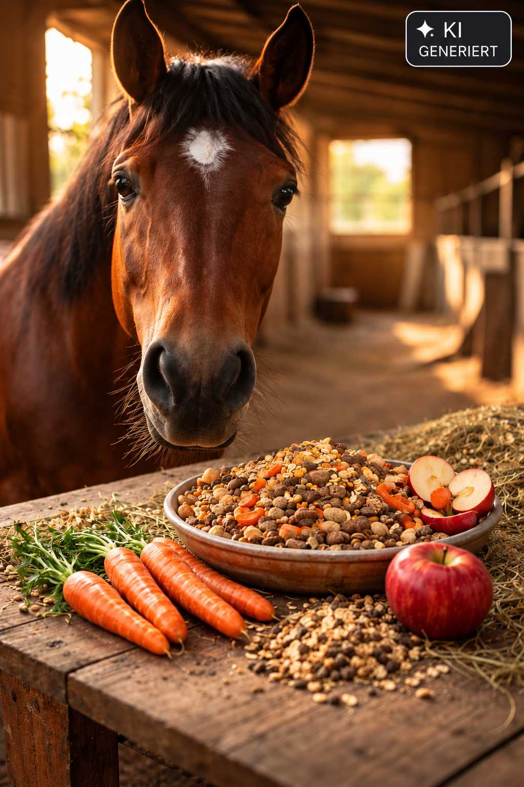Braunes Pferd mit weißem Stirnabzeichen steht neben einer Schale mit Pferdefutter aus Pellets, Flocken und Gemüsestücken. Daneben liegen frische Karotten und Äpfel auf einem Holztisch im Stall.