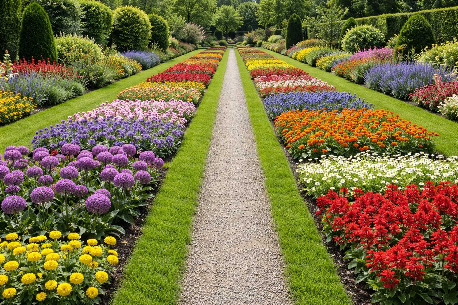 Symmetrisch angelegter Garten mit einem Kiesweg in der Mitte, umgeben von bunten Blumenbeeten in Rot, Gelb, Lila und Weiß sowie gepflegten Hecken