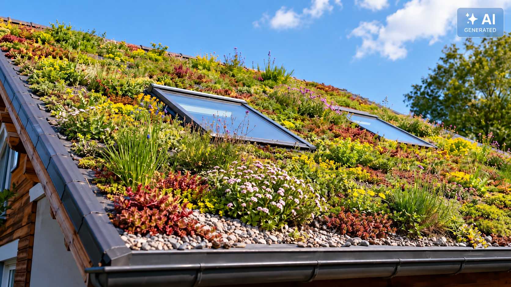 Artenreiches Gründach mit Sedum, Blühpflanzen und integrierten Dachfenstern