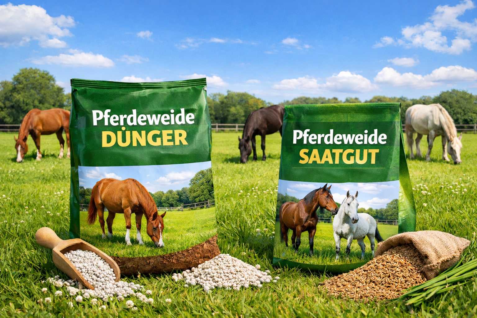 Pferdeweide Dünger und Pferdeweide Saatgut auf einer grünen Weide mit grasenden Pferden im Hintergrund
