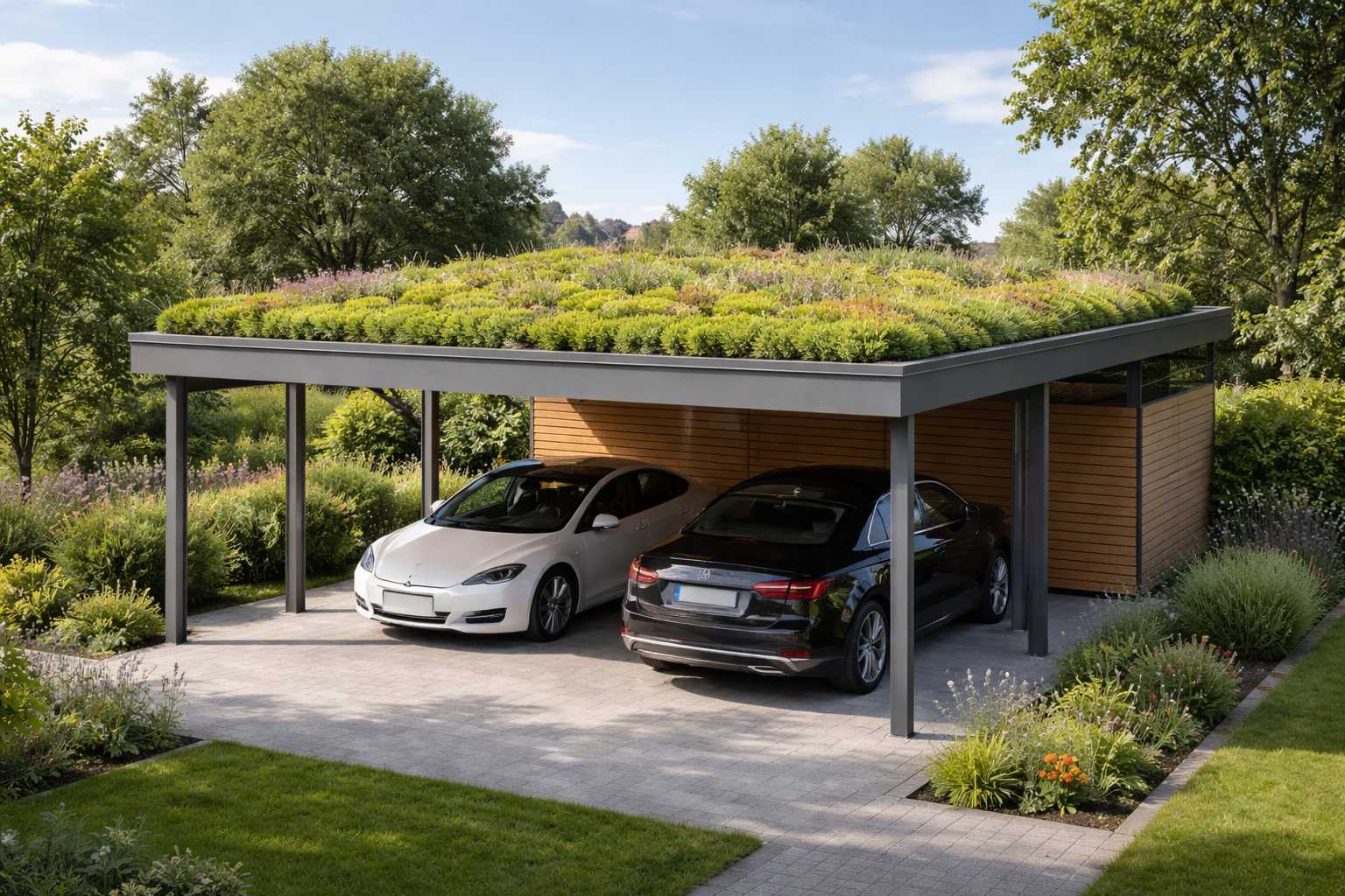 Moderner Carport mit begrüntem Flachdach, unter dem zwei Autos stehen, umgeben von einem gepflegten Garten
