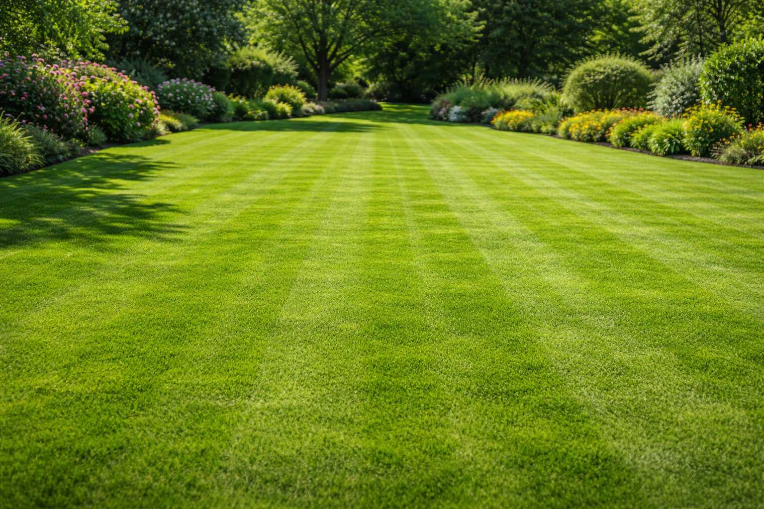 Grüner, frisch gemähter Rasen mit Streifenmuster in einem gepflegten Garten mit Sträuchern und Bäumen