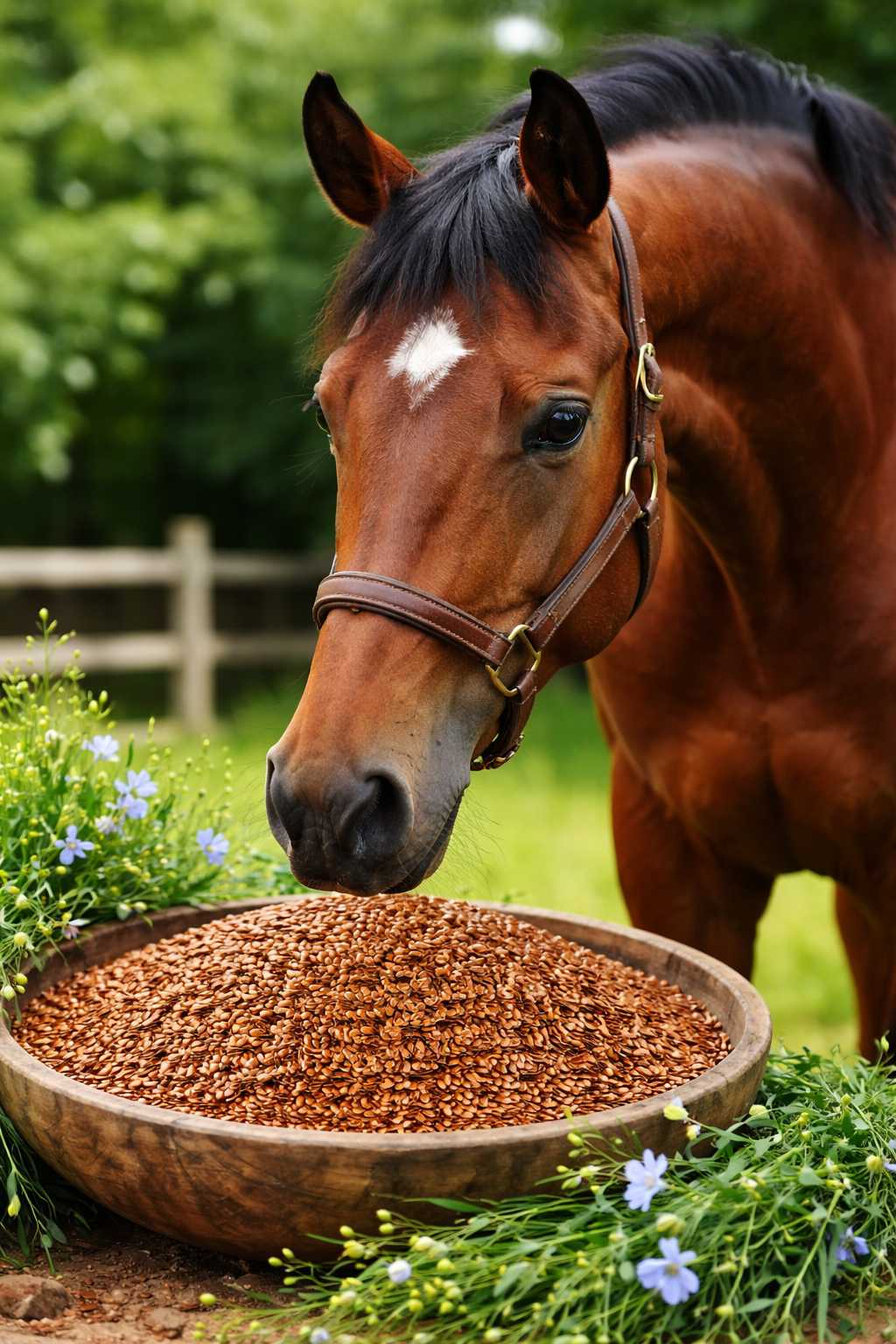 Braunes Pferd frisst Leinsamen aus einer Holzschale auf einer grünen Wiese