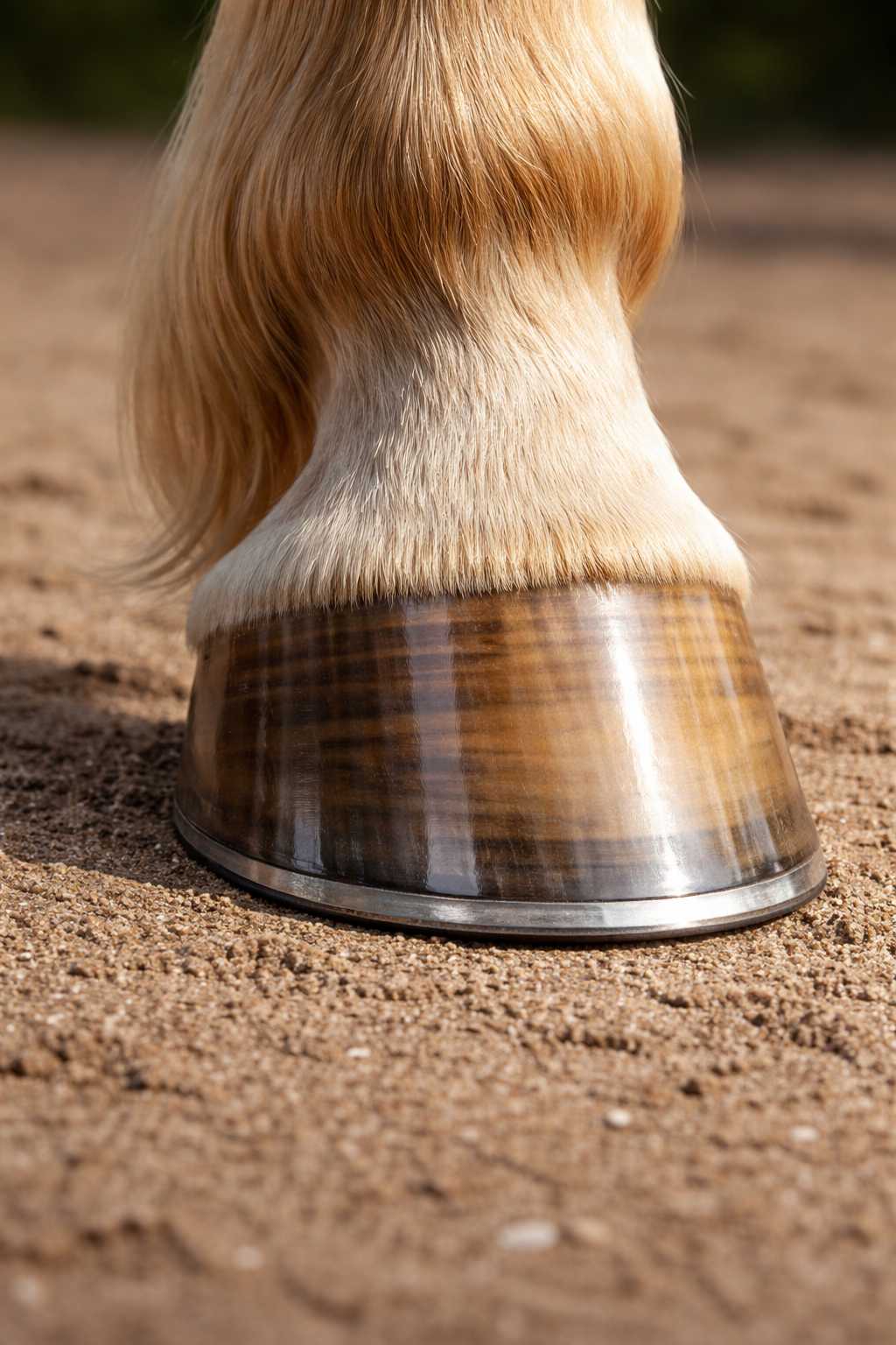 Nahaufnahme eines gepflegten Pferdehufs ohne Hufeisen auf einem Reitplatz
