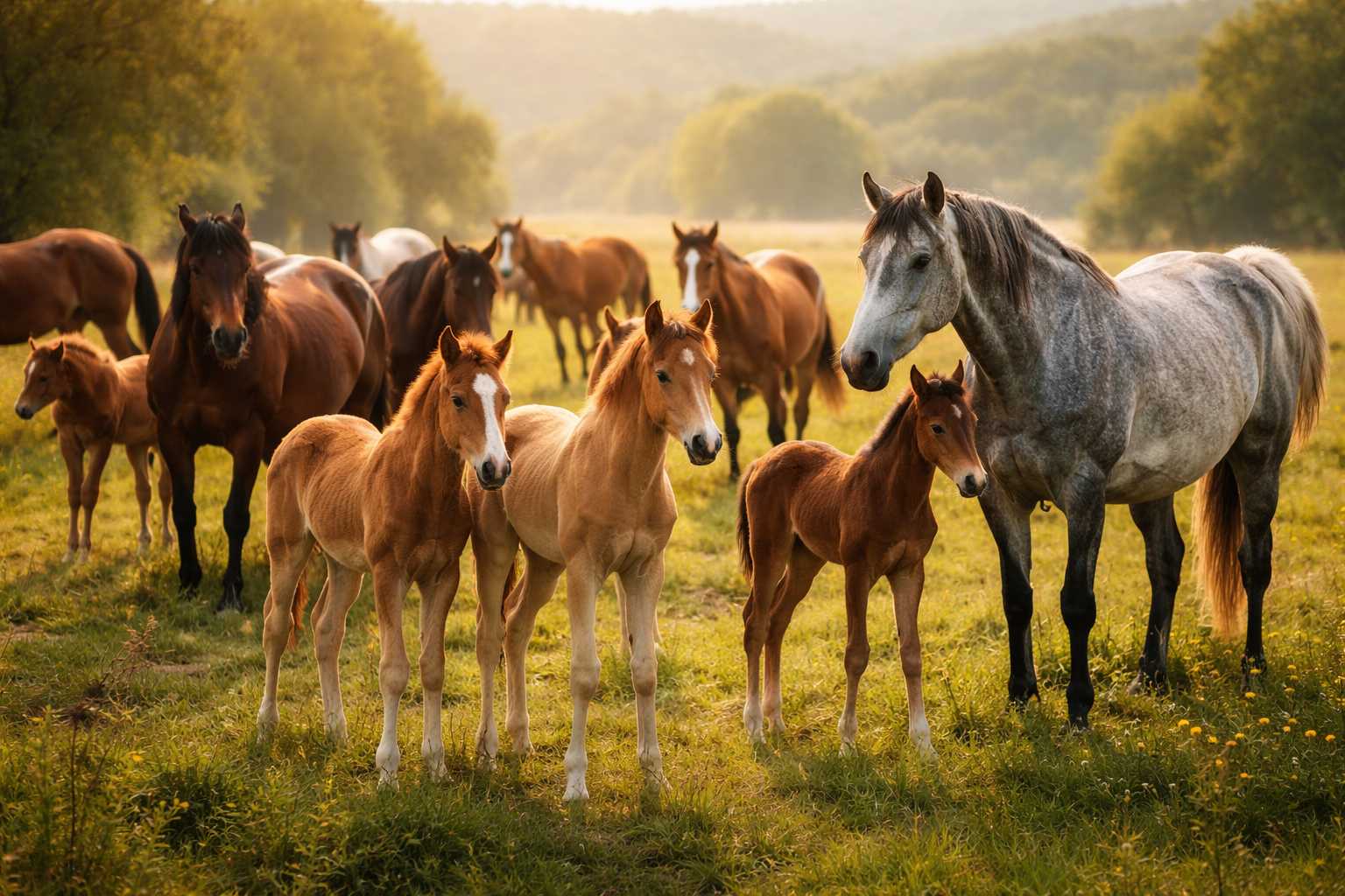 Mehrere Pferde und Fohlen stehen gemeinsam auf einer sonnigen Weide in natürlicher Umgebung