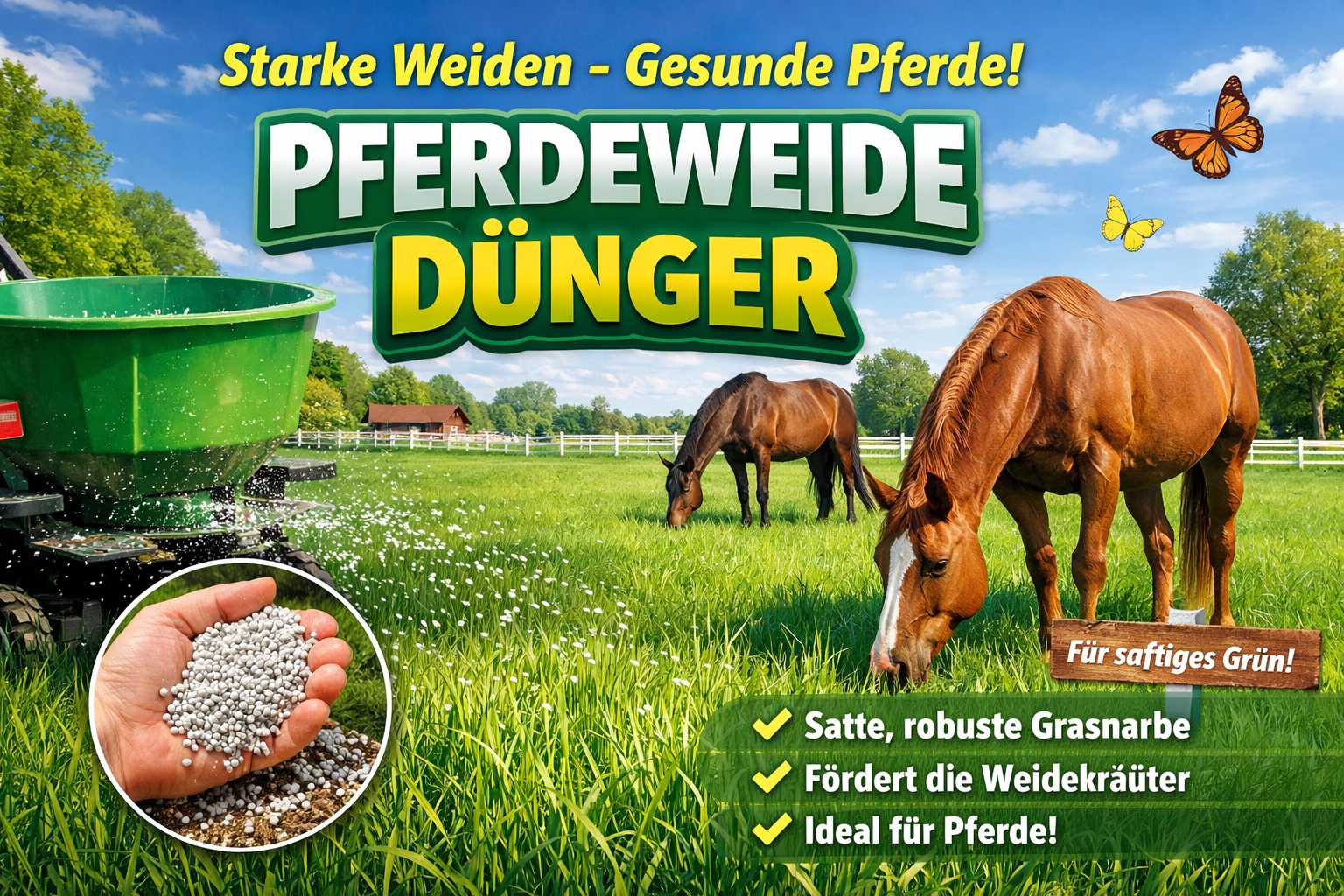 Pferde grasen auf einer grünen Weide während Pferdeweide Dünger aus einem Streuwagen ausgebracht wird