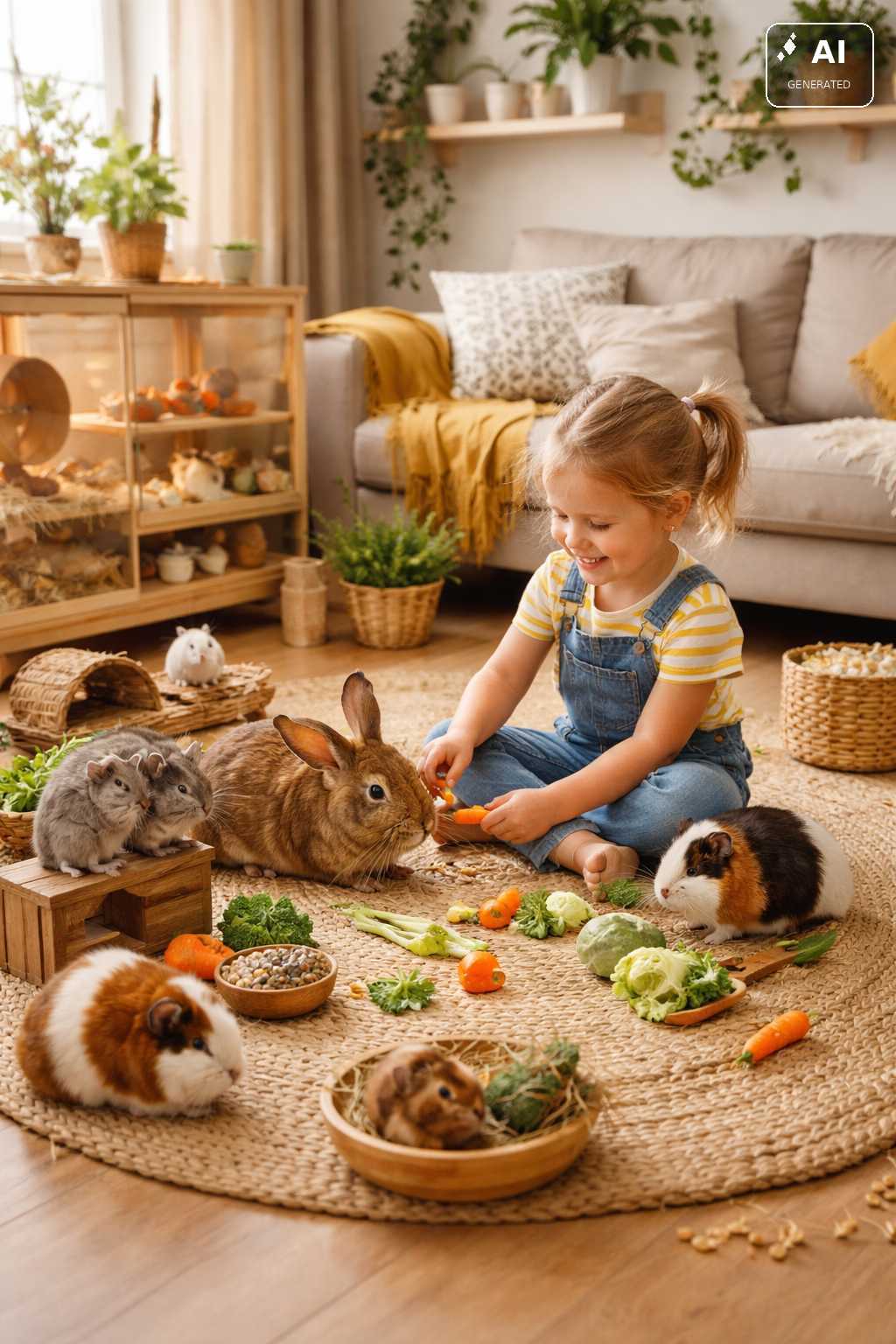 Kind füttert Kaninchen und Meerschweinchen in einem gemütlichen Wohnbereich