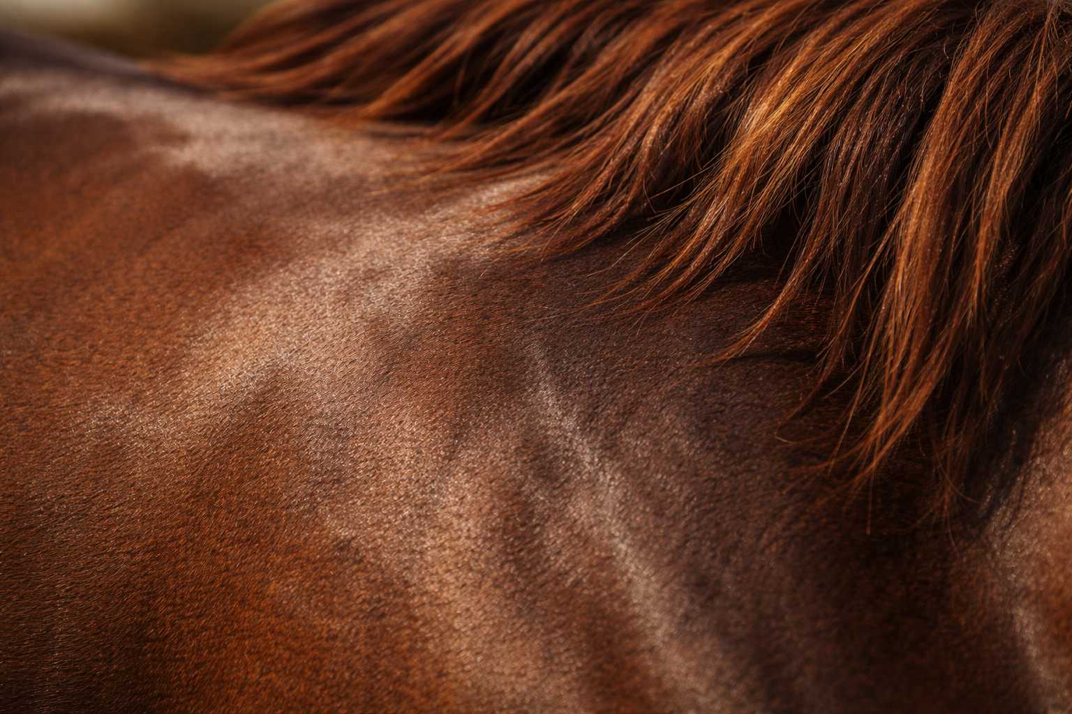 Detailaufnahme von glänzendem braunem Pferdefell mit Mähne im warmen Abendlicht.