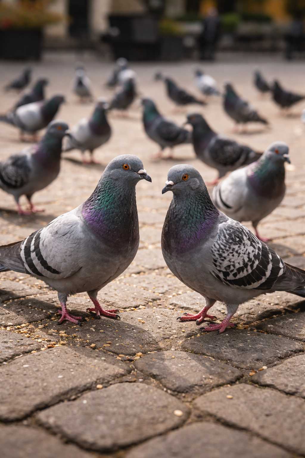 Mehrere Stadttauben stehen auf einem gepflasterten Platz und fressen verstreute Körner