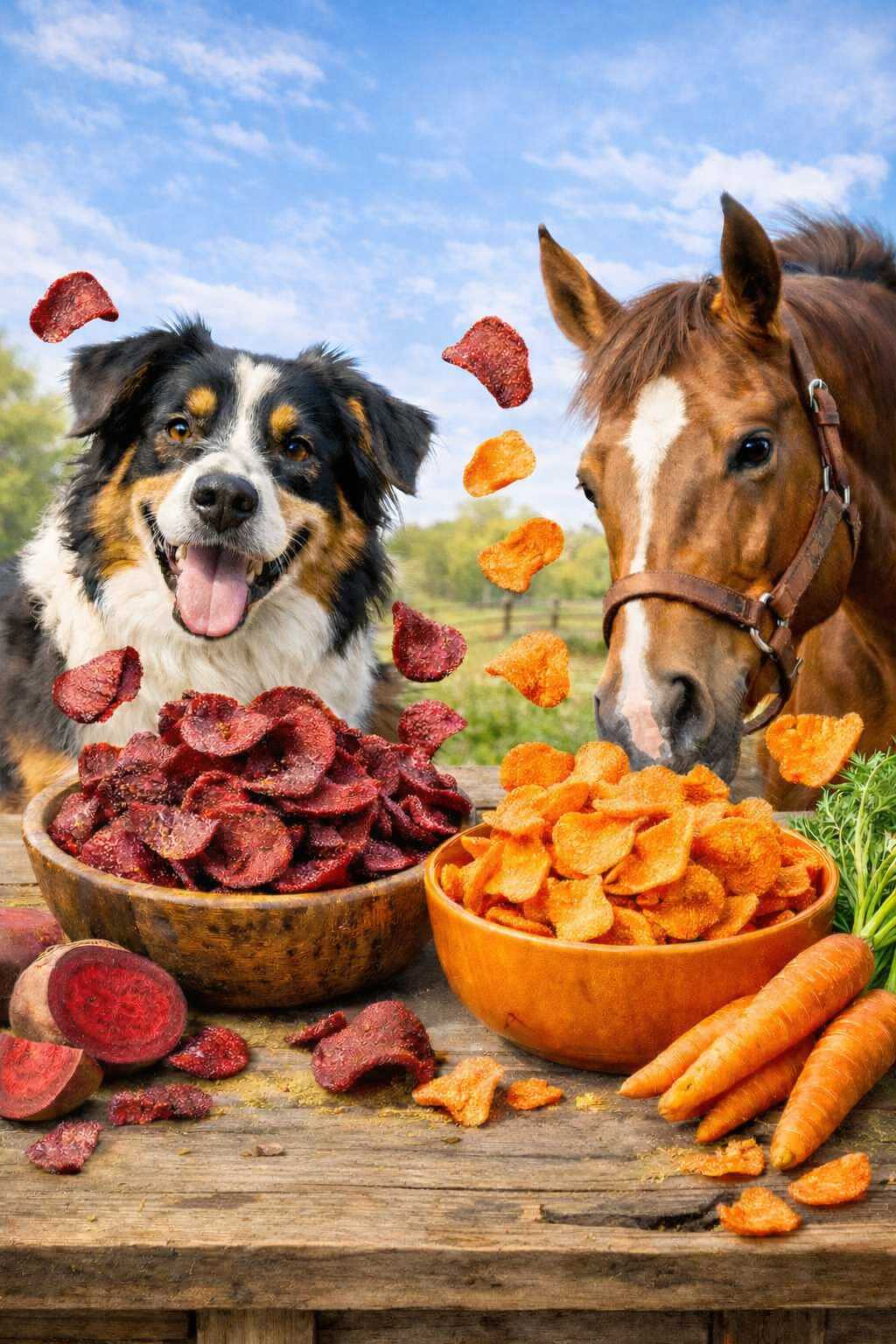 Hund und Pferd stehen vor Schalen mit getrockneten Karotten und Roter Bete als natürliche Snacks im Freien