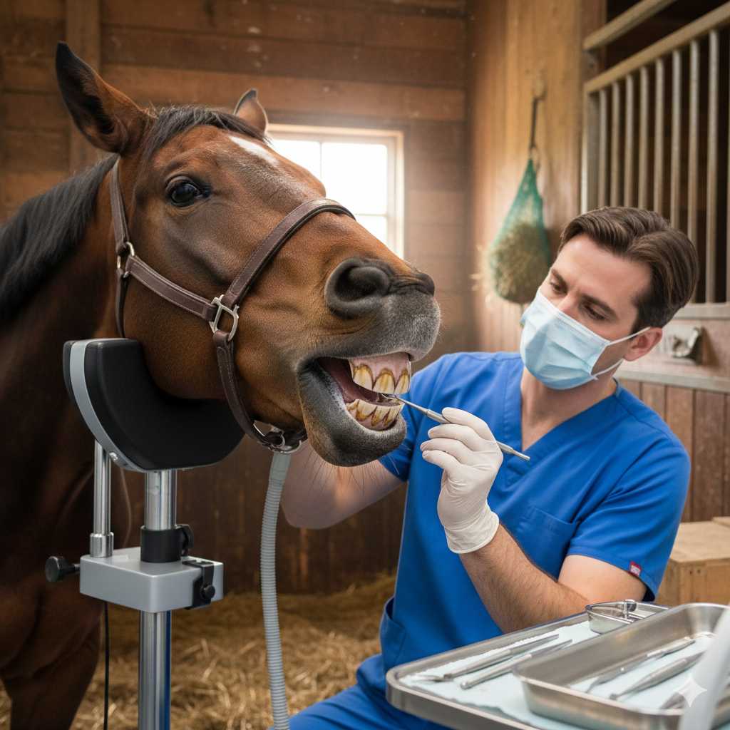 Tierarzt mit Mundschutz untersucht im Stall die Zähne eines braunen Pferdes mit zahnmedizinischem Instrument; das Pferd steht in einer speziellen Haltevorrichtung