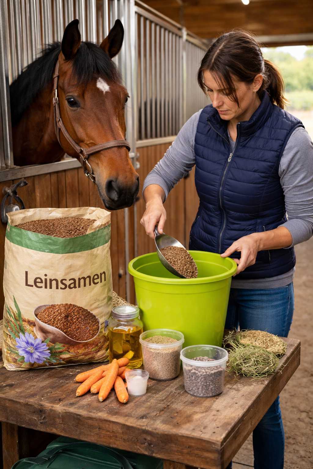 Eine Person bereitet Pferdefutter mit Leinsamen, Öl und weiteren Zutaten vor, während ein Pferd im Stall daneben steht.