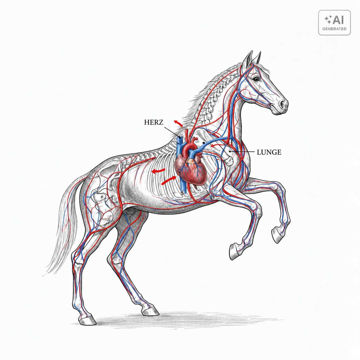Anatomische Illustration eines Pferdes mit Herz, Lunge und Blutgefäßen