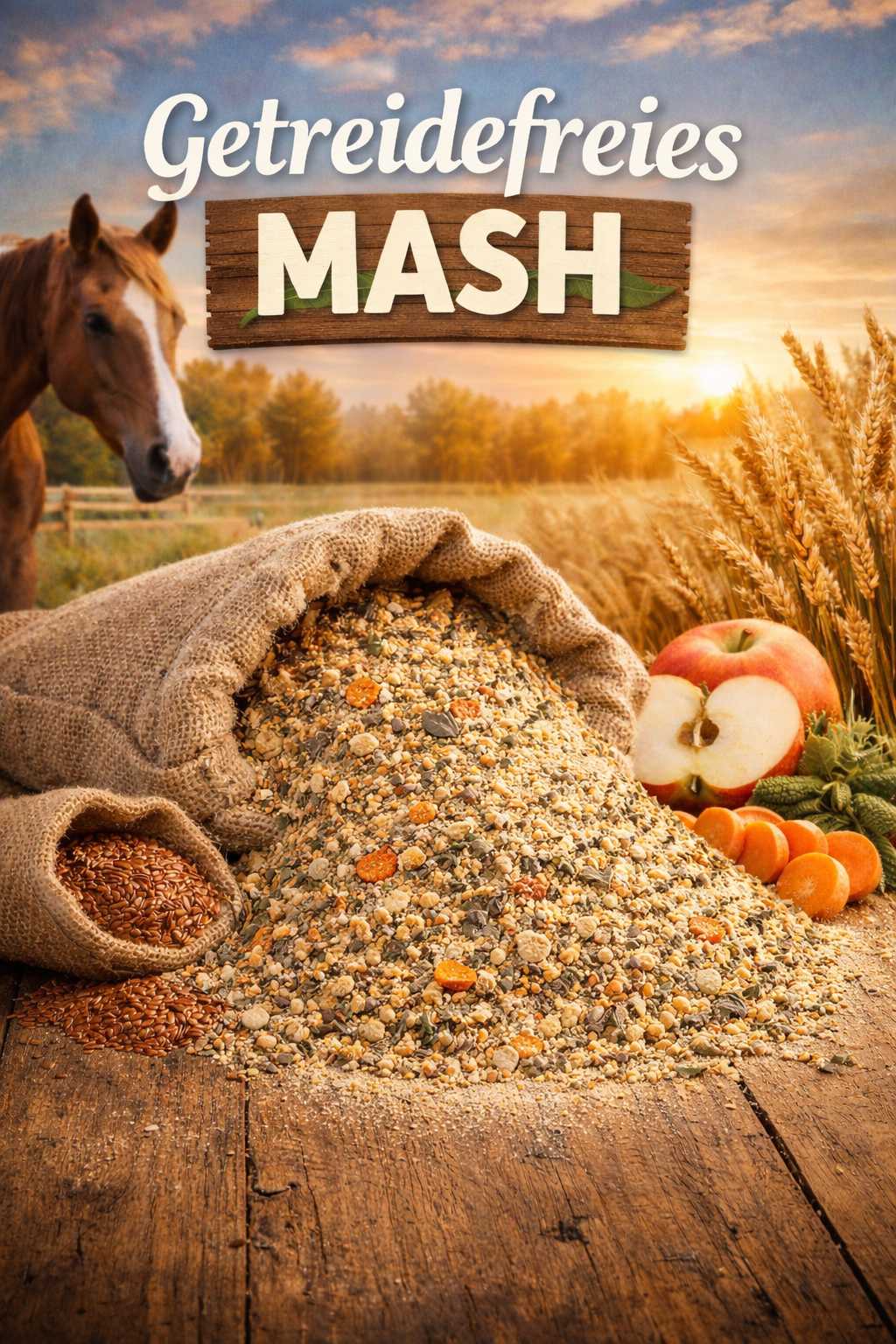 Getreidefreies Mash Pferdefutter mit Kräutern, Saaten und Obst vor ländlicher Kulisse mit Pferd
