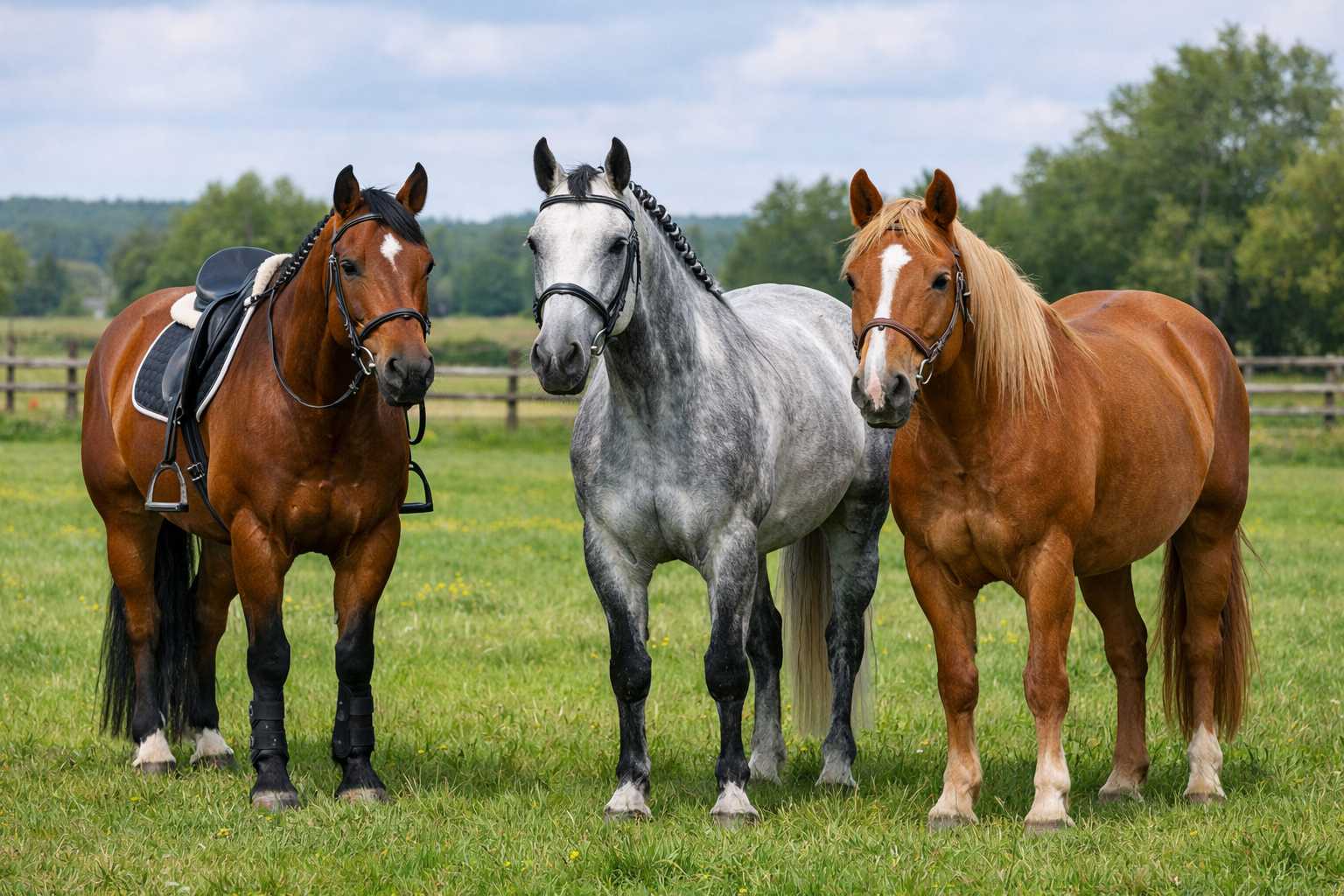 Drei Pferde stehen nebeneinander auf einer grünen Weide, darunter ein gesatteltes Reitpferd und zwei weitere Pferde