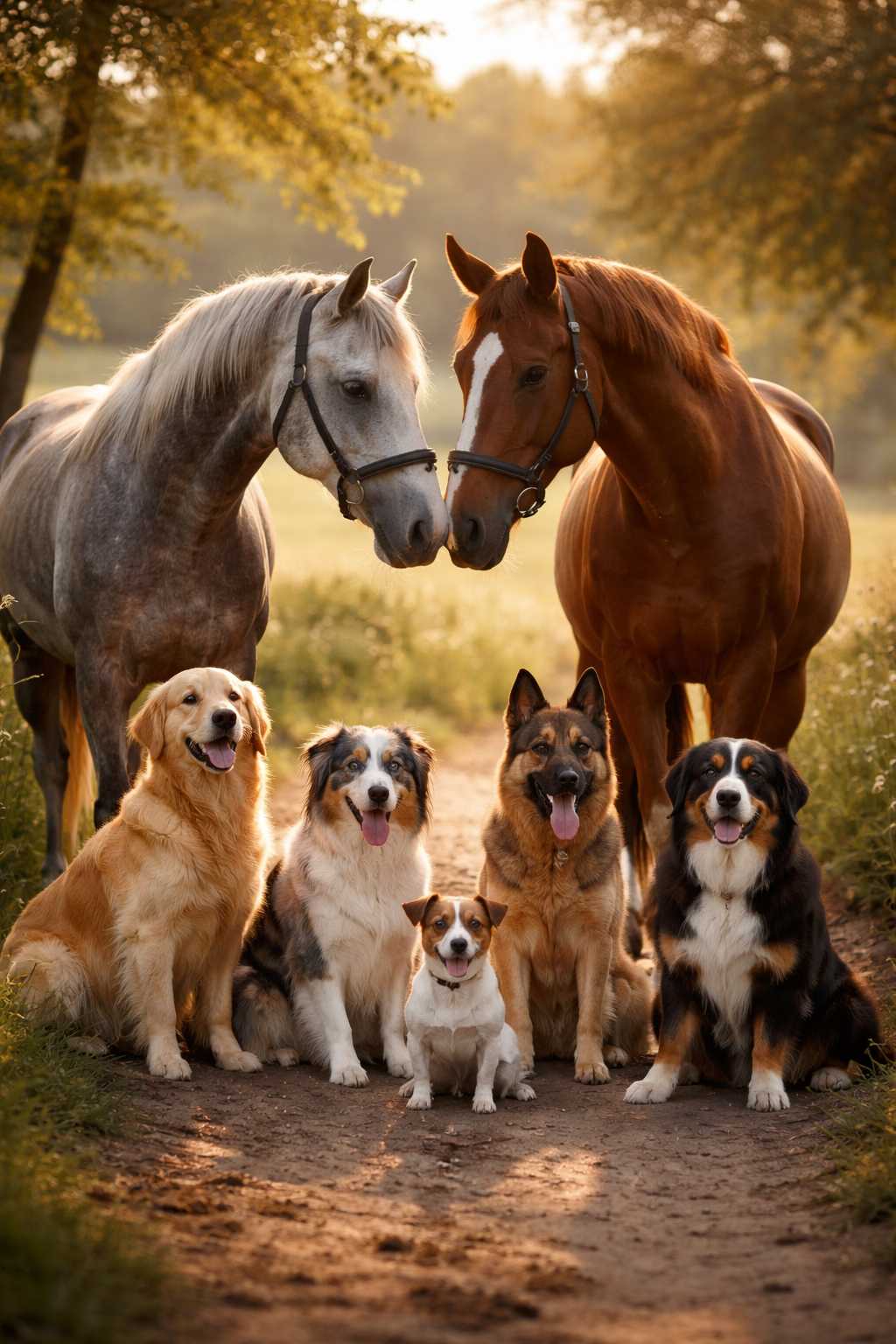 Zwei Pferde und mehrere Hunde sitzen gemeinsam auf einem Waldweg bei warmem Sonnenlicht