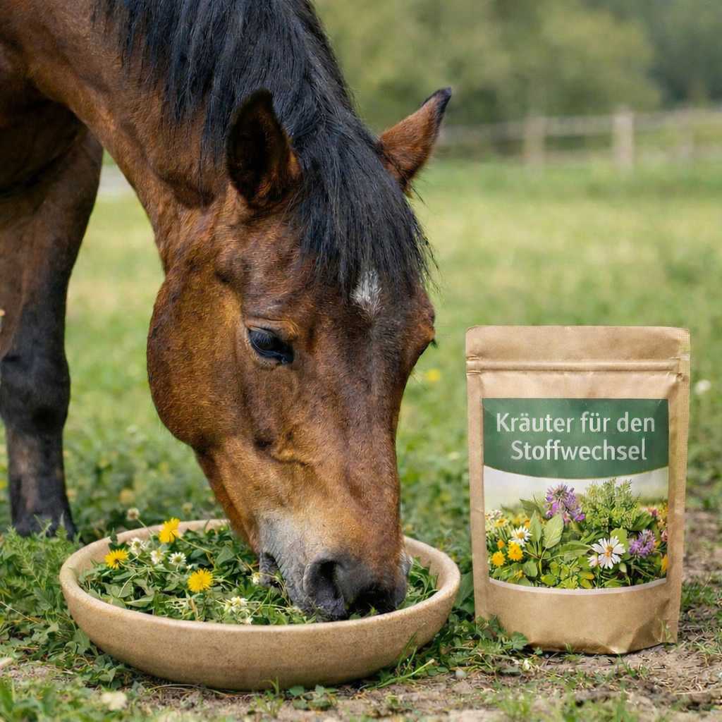 Braunes Pferd frisst frische Kräuter aus einer Schale auf der Weide; daneben steht ein Beutel mit der Aufschrift „Kräuter für den Stoffwechsel“.