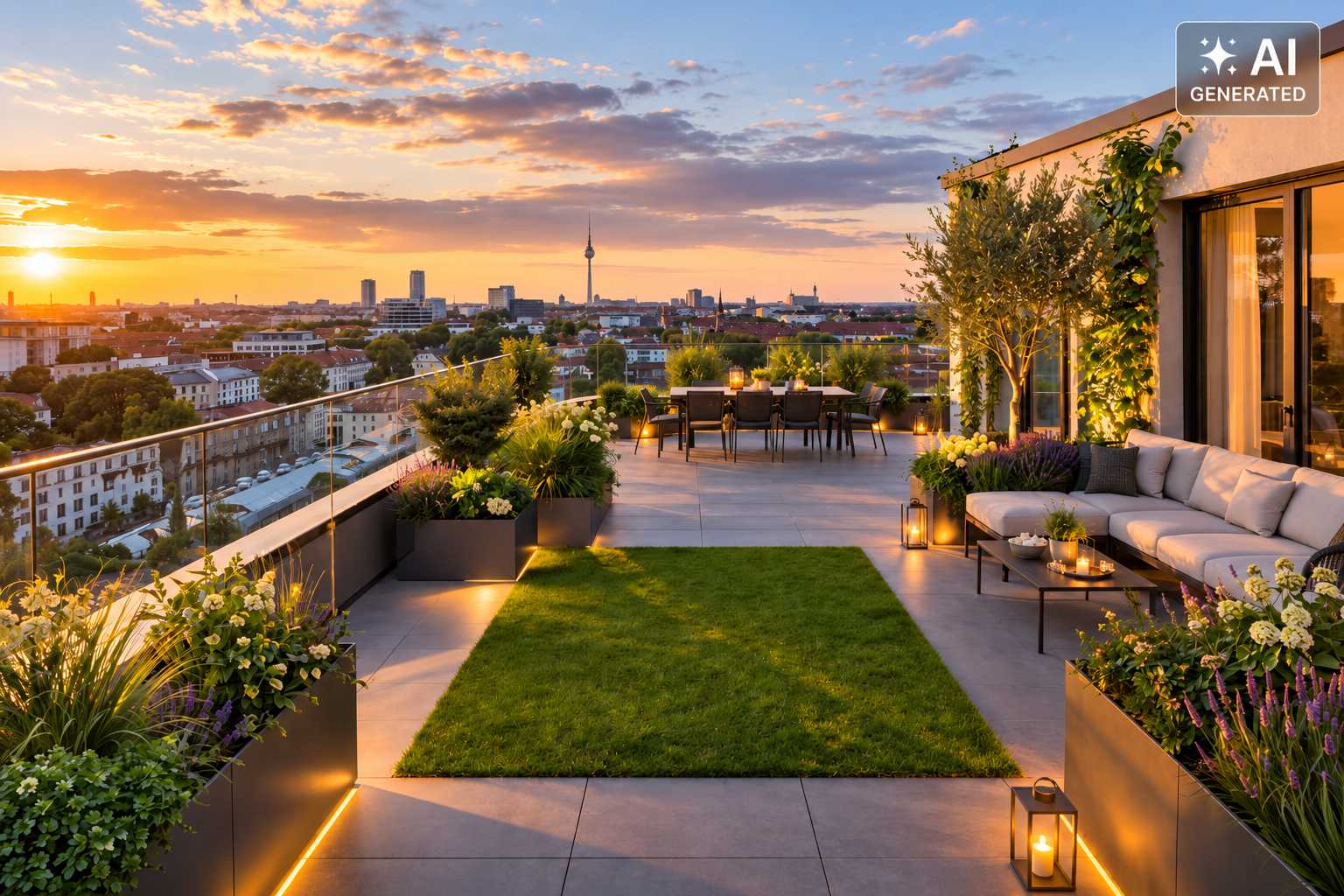 Moderne Dachterrasse mit Rasen, Pflanzkübeln, Lounge und Blick über die Stadt