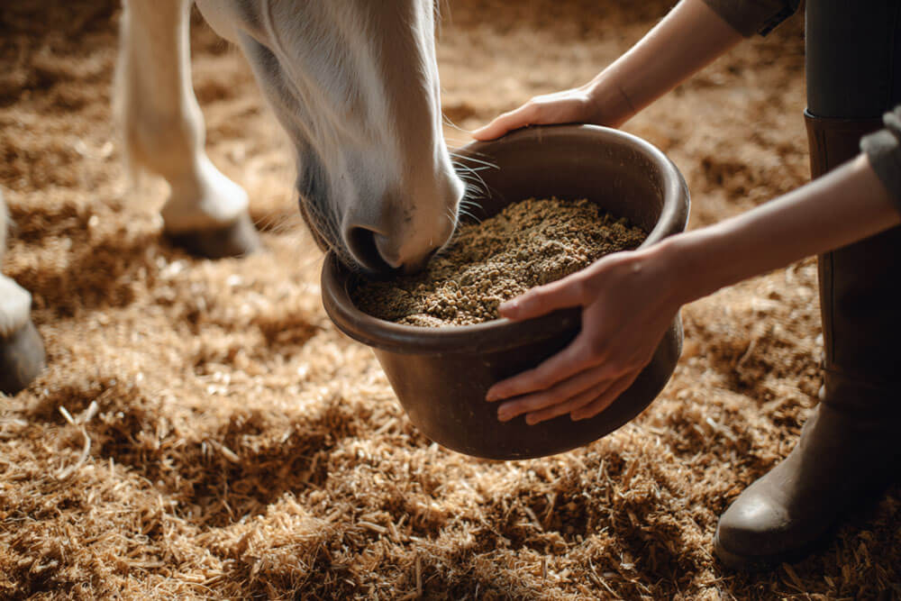 Pferd wird mit Mash aus dem Eimer gefüttert