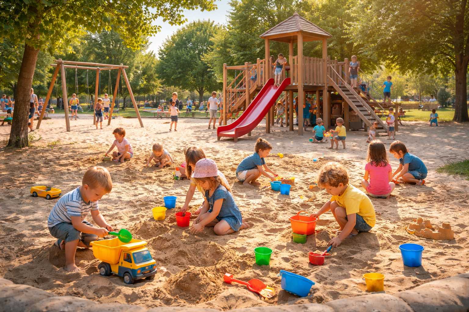 Kinder spielen im Sand auf einem Spielplatz mit Rutsche und Schaukeln im Hintergrund