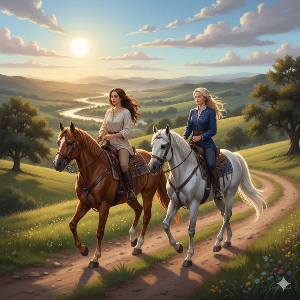 Zwei Frauen reiten auf einem braunen und einem weißen Pferd über einen Feldweg durch eine grüne Hügellandschaft, im Hintergrund schlängelt sich ein Fluss durch das Tal unter der tiefstehenden Sonne.