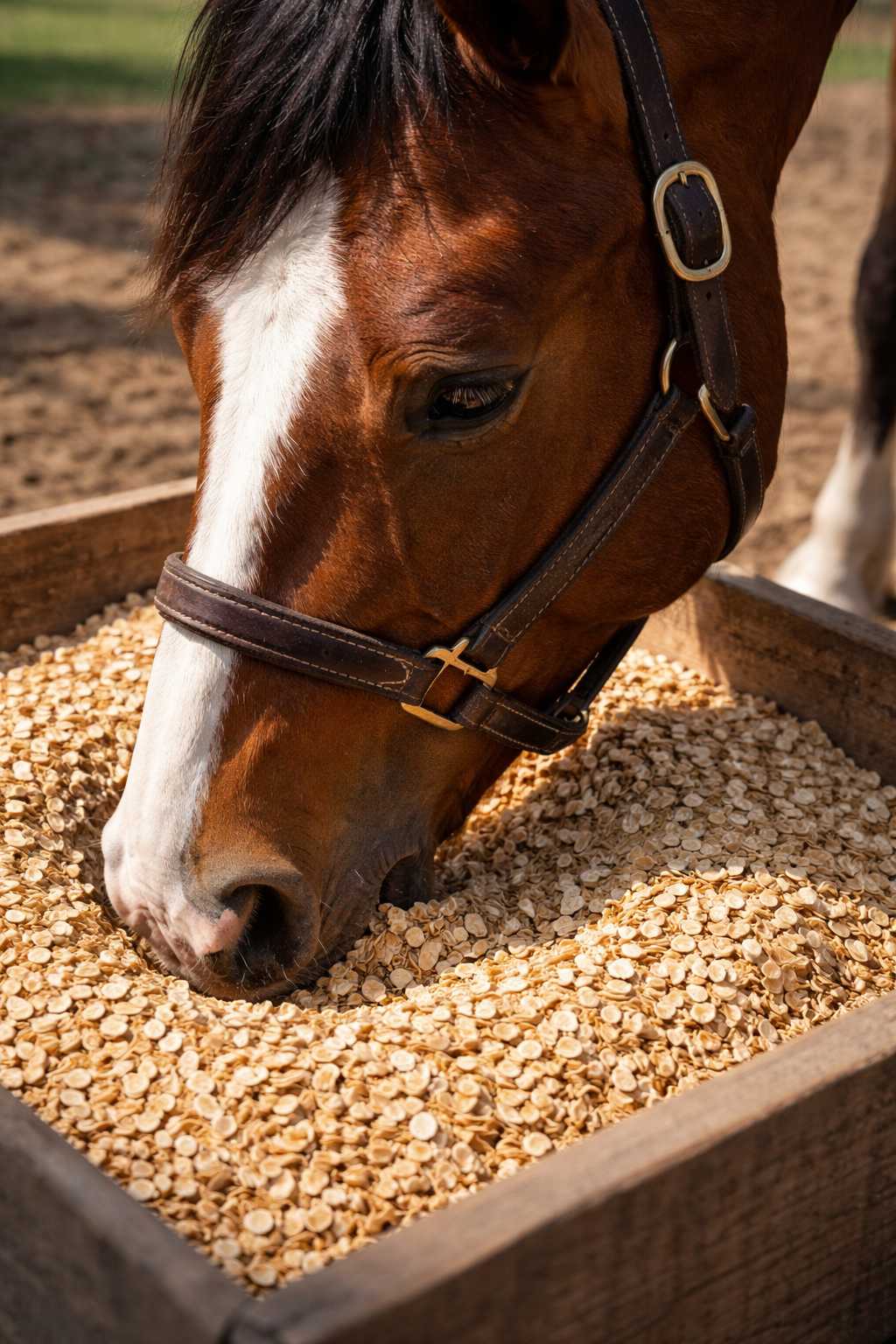 Braunes Pferd mit Halfter frisst Gerste aus einer hölzernen Futterkrippe