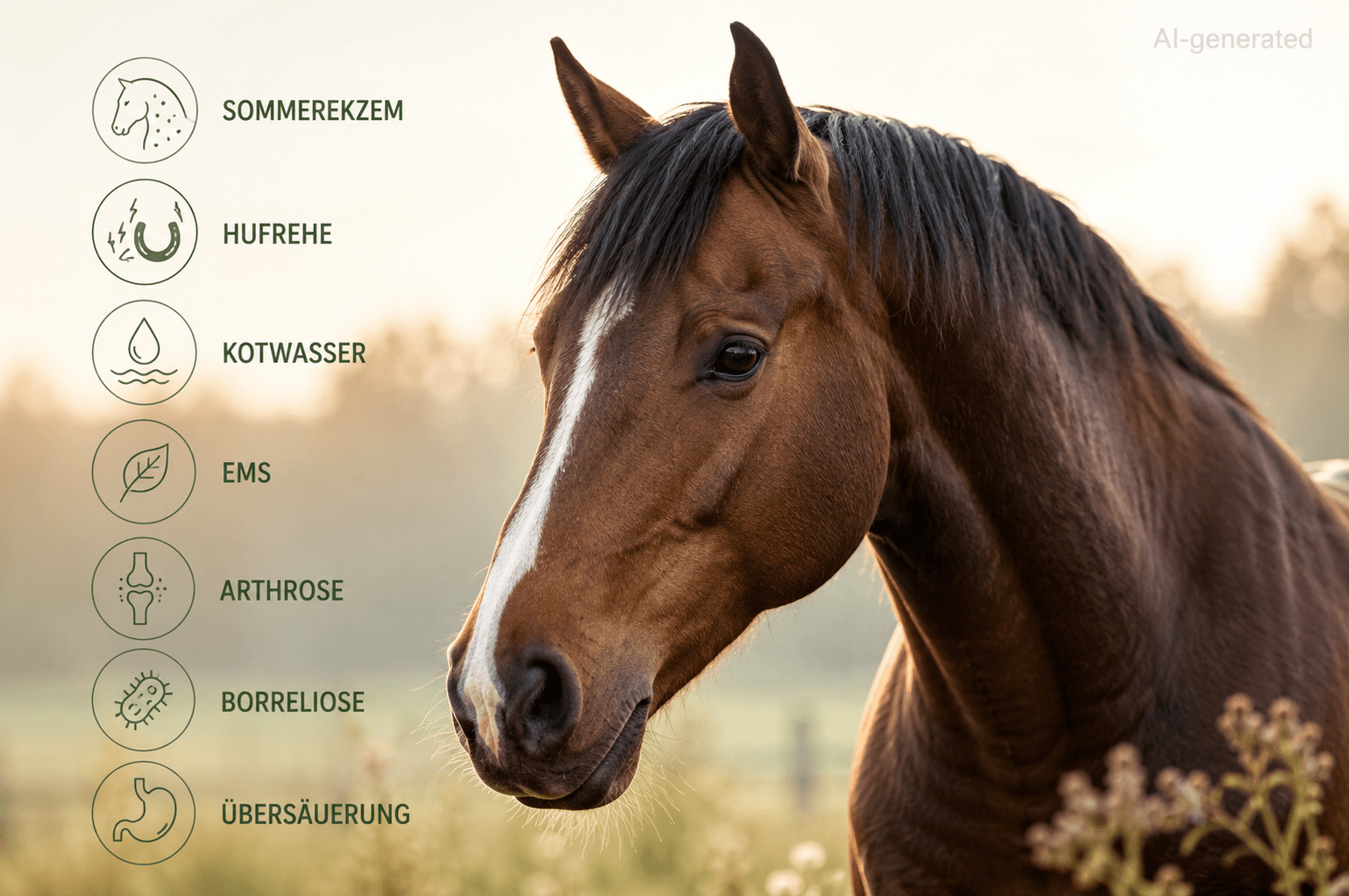 Pferd mit Themen zu Sommerekzem, Hufrehe, Kotwasser, EMS, Arthrose, Borreliose und Übersäuerung