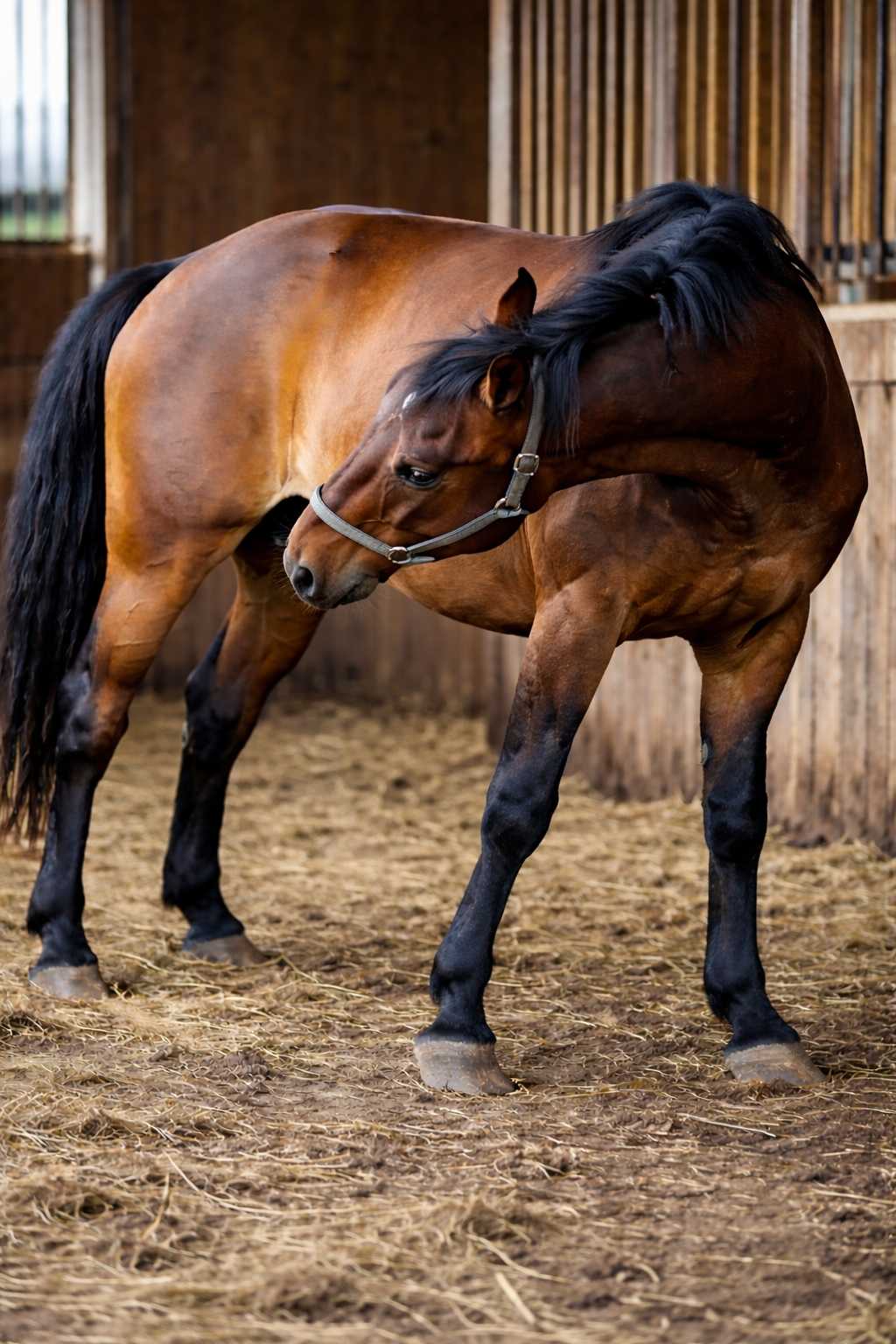 Braunes Pferd im Stall, das sich unruhig zum Bauch umdreht – typisches Verhalten bei Kolik.