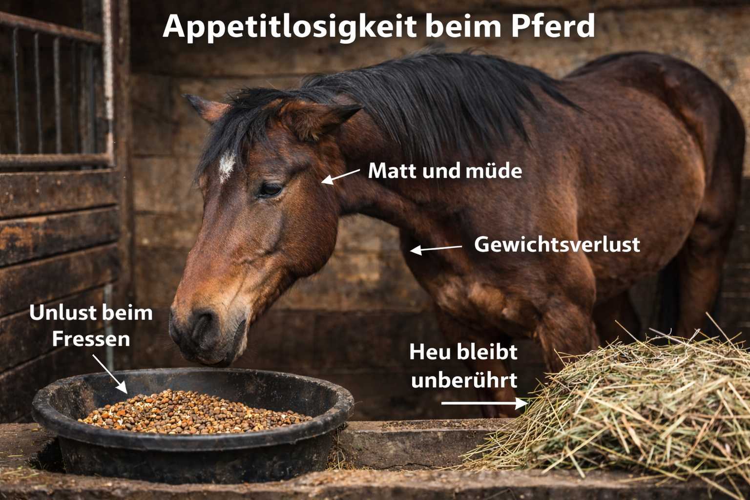 Pferd im Stall zeigt Anzeichen von Appetitlosigkeit – Futter bleibt stehen, Heu wird nicht angerührt, das Tier wirkt matt und hat sichtbar Gewicht verloren.