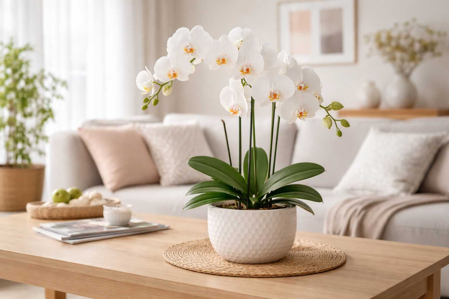 Weiße Orchidee in einem dekorativen Topf auf einem Tisch im hellen Wohnzimmer mit moderner Einrichtung
