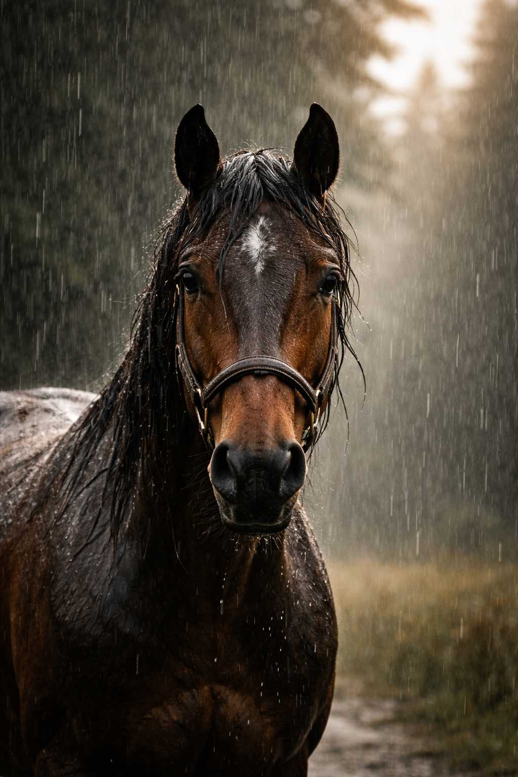 Braunes Pferd steht im Regen auf einer Wiese, das Fell ist nass und Regentropfen fallen sichtbar