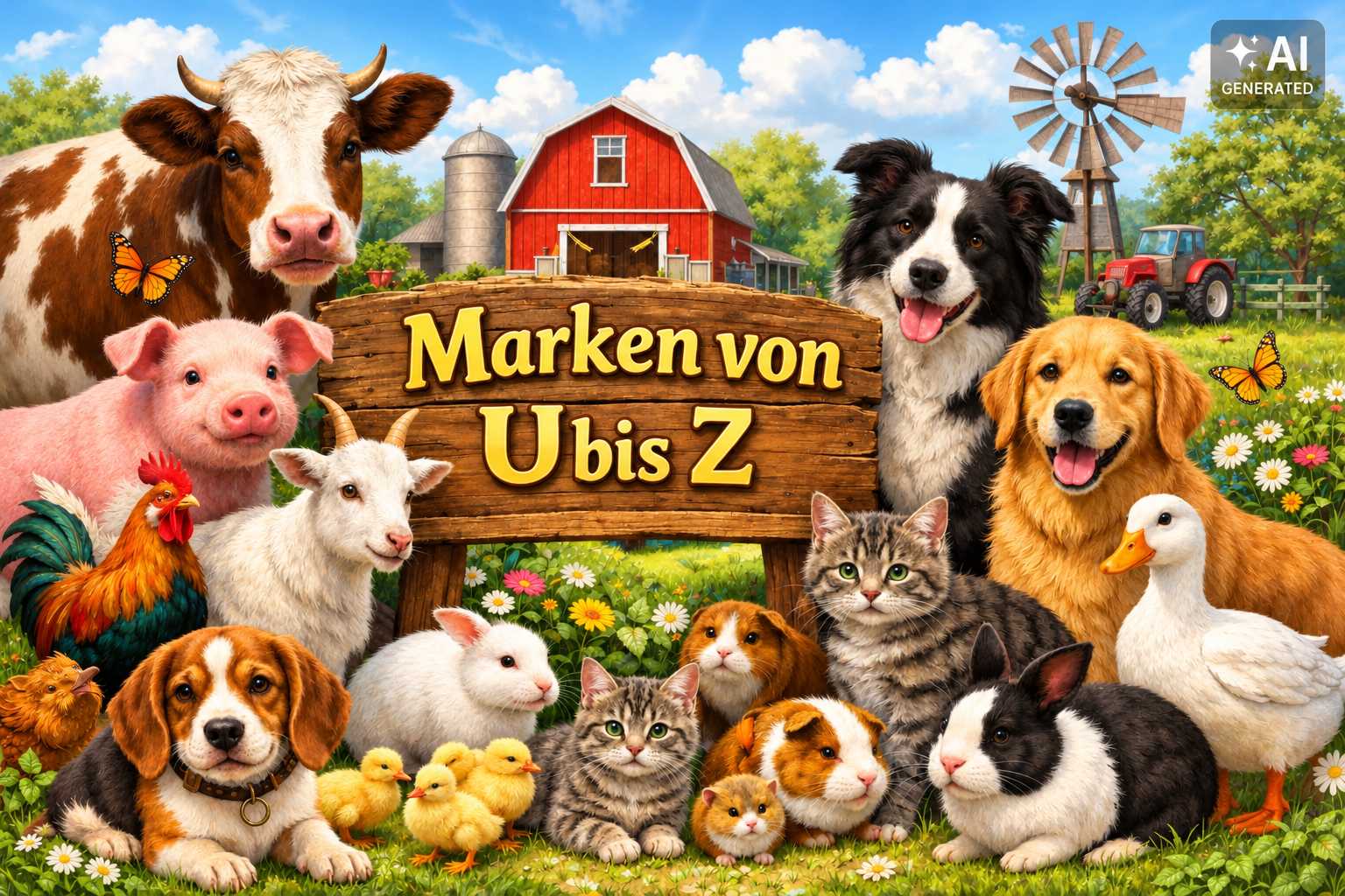 Illustrierte Bauernhofszene mit Kuh, Schwein, Schaf, Hunden, Katzen, Kaninchen, Meerschweinchen und Geflügel. In der Mitte steht ein Holzschild mit der Aufschrift „Marken von U bis Z“.