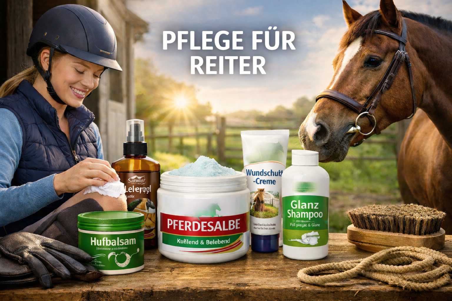 Reiterin pflegt ihr Bein im Stall, daneben Pflegeprodukte wie Pferdesalbe, Hufbalsam und Shampoo auf einem Tisch