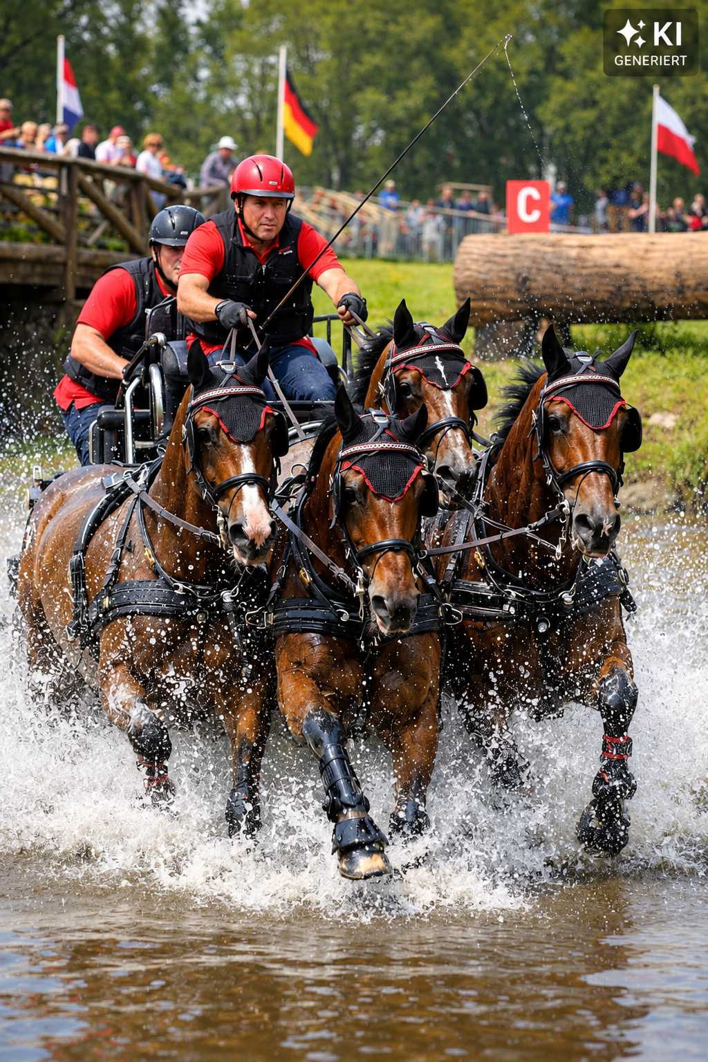 Zwei Fahrer mit Helmen lenken ein Gespann aus vier braunen Pferden durch ein Wasserhindernis bei einem Fahrsportturnier. Dabei spritzt Wasser auf.