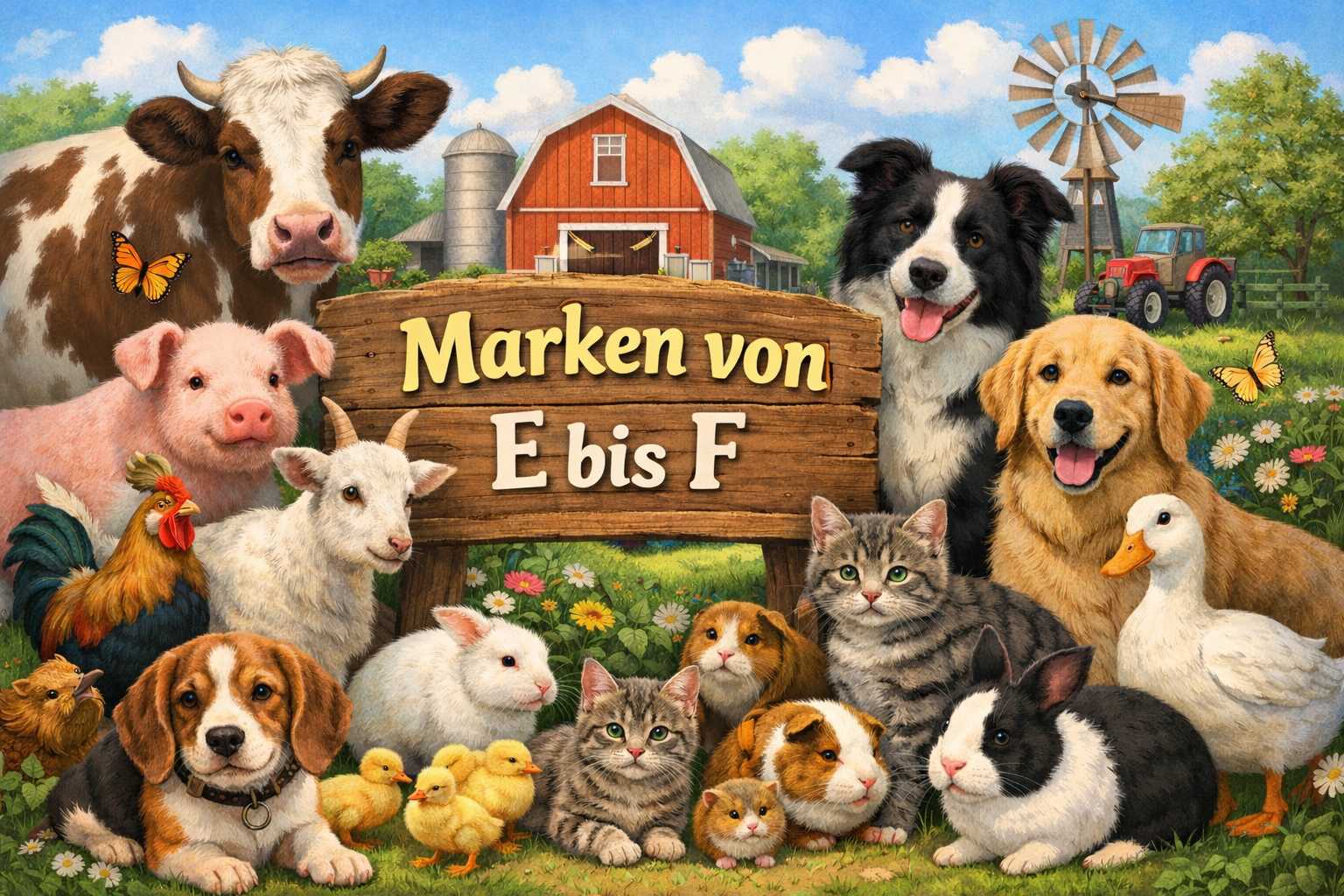Bauernhofszene mit Pferd, Kuh, Schwein, Hund, Katze und Geflügel sowie Schriftzug Marken von E bis F