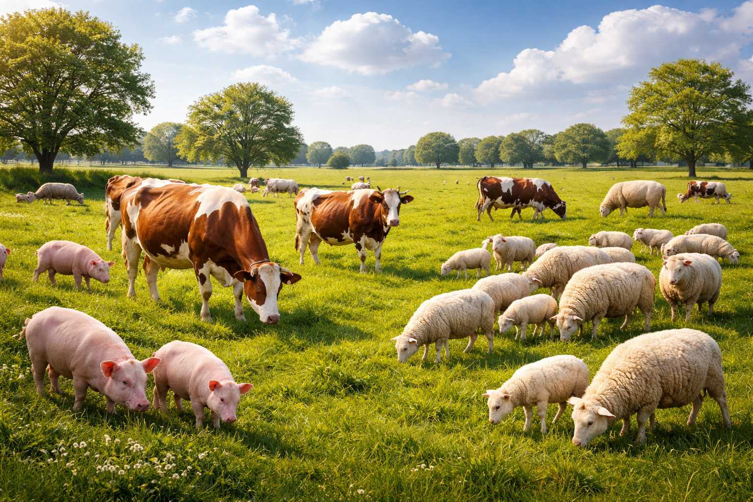 Mehrere Kühe, Schafe und Schweine grasen gemeinsam auf einer großen grünen Wiese unter blauem Himmel