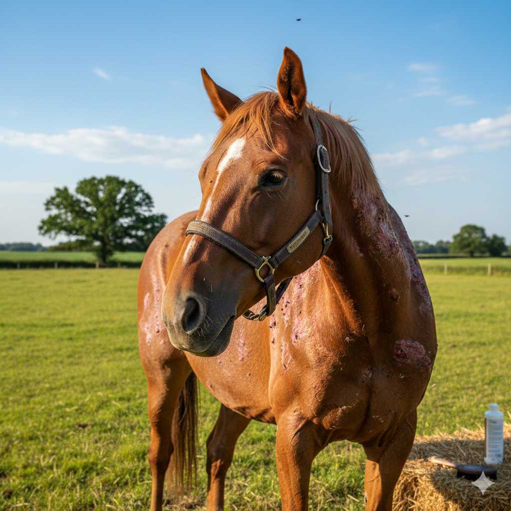 Braunes Pferd mit Hautirritationen und kahlen Stellen steht auf einer grünen Weide im Sonnenlicht