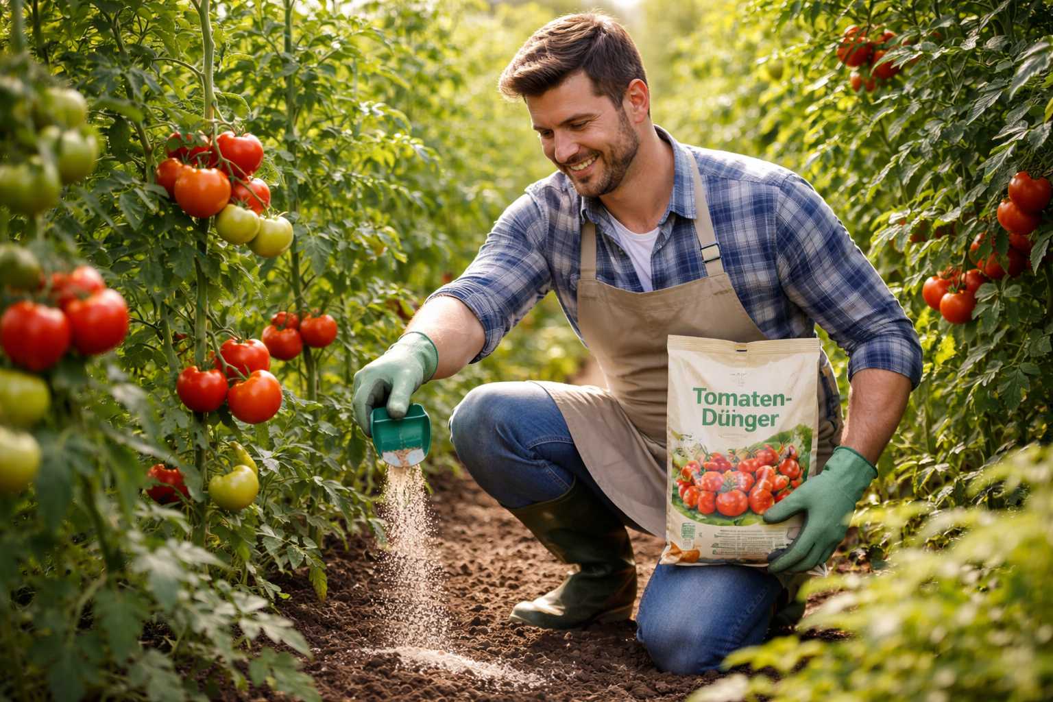 Mann düngt Tomatenpflanzen im Gewächshaus mit speziellem Tomatendünger für gesundes Wachstum und hohe Erträge