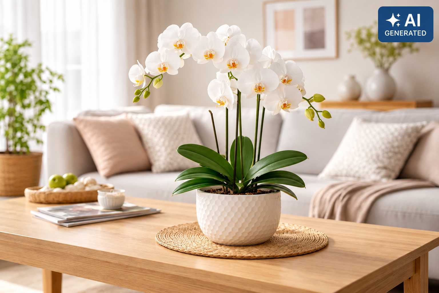 Weiße Phalaenopsis-Orchidee im dekorativen Topf auf einem Holztisch im Wohnzimmer