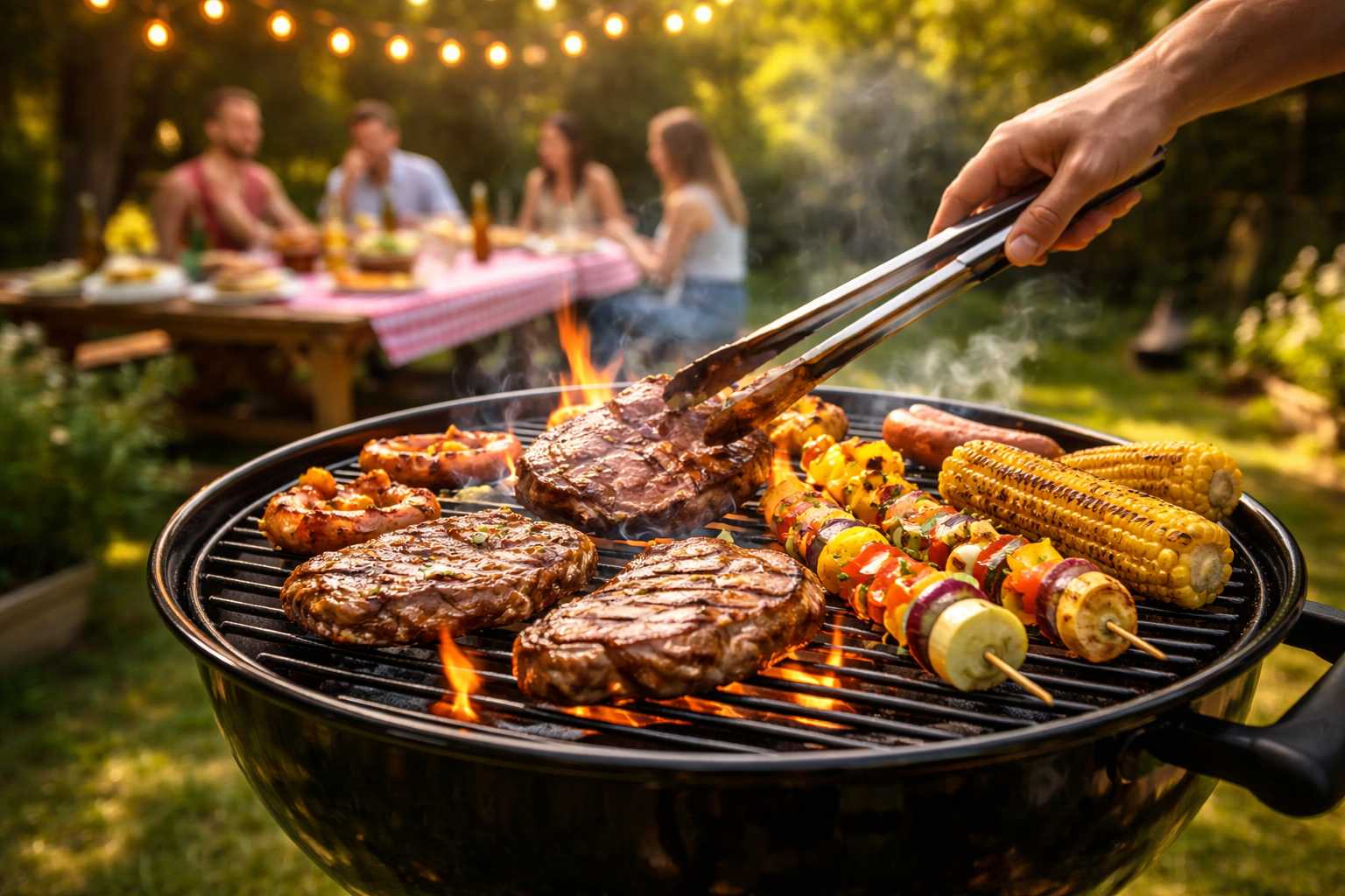Steaks, Gemüsespieße und Maiskolben auf einem Holzkohlegrill bei einem geselligen Grillabend im Garten