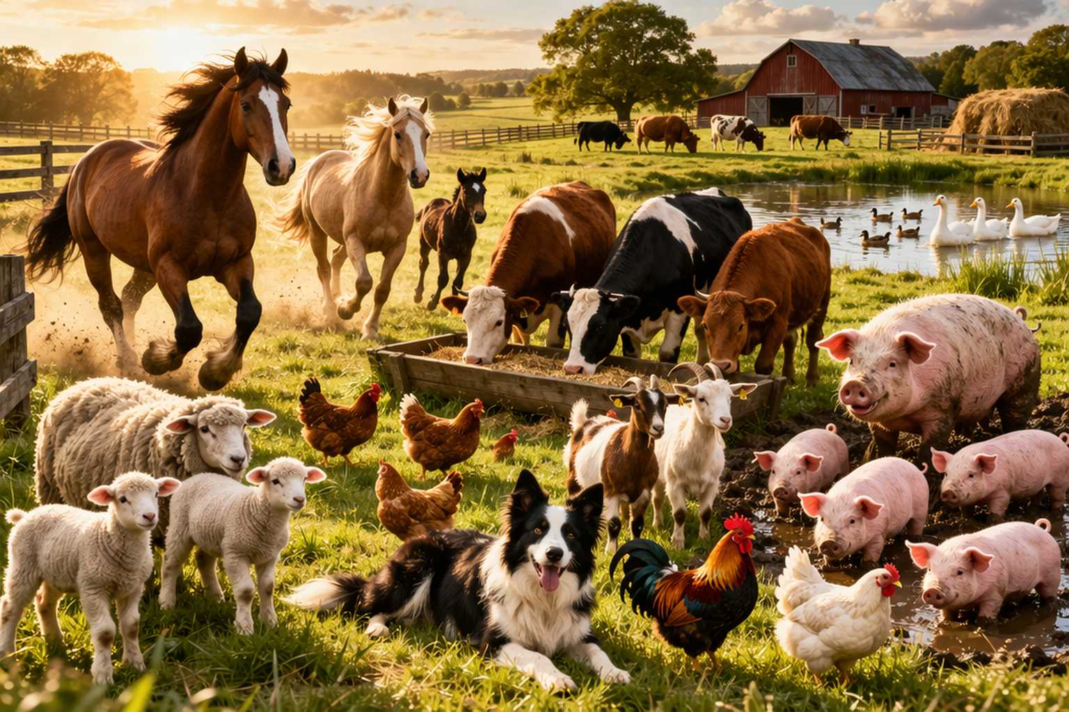 Verschiedene Nutztiere wie Pferde, Kühe, Schweine, Schafe, Hühner und ein Hund auf einem Bauernhof mit Teich und Scheune im Hintergrund