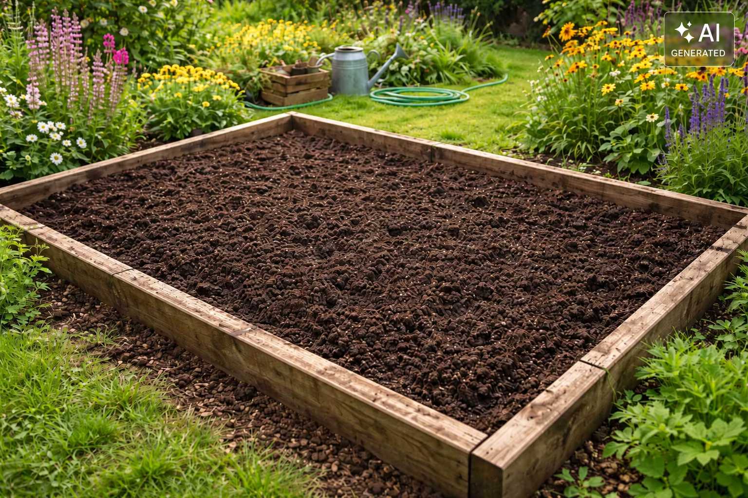 Leeres Hochbeet mit aufgelockerter Pflanzerde im blühenden Garten