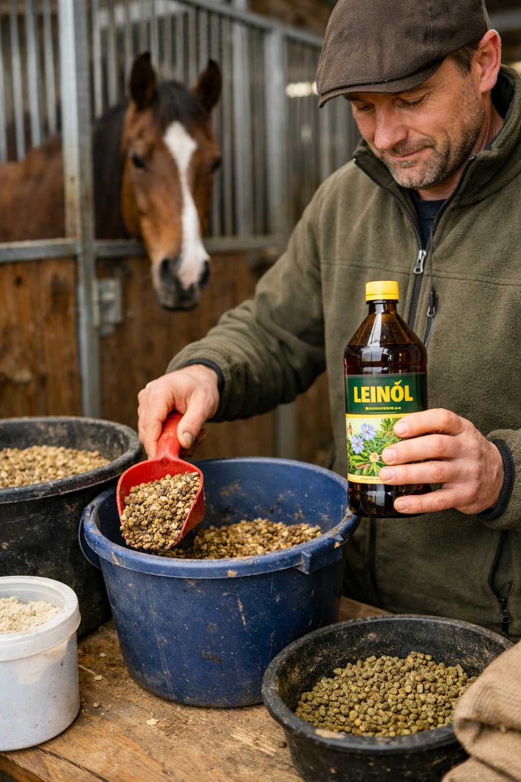 Pferdebesitzer mischt Leinöl als Futterzusatz in Pferdefutter im Stall, während ein Pferd aus der Box zuschaut