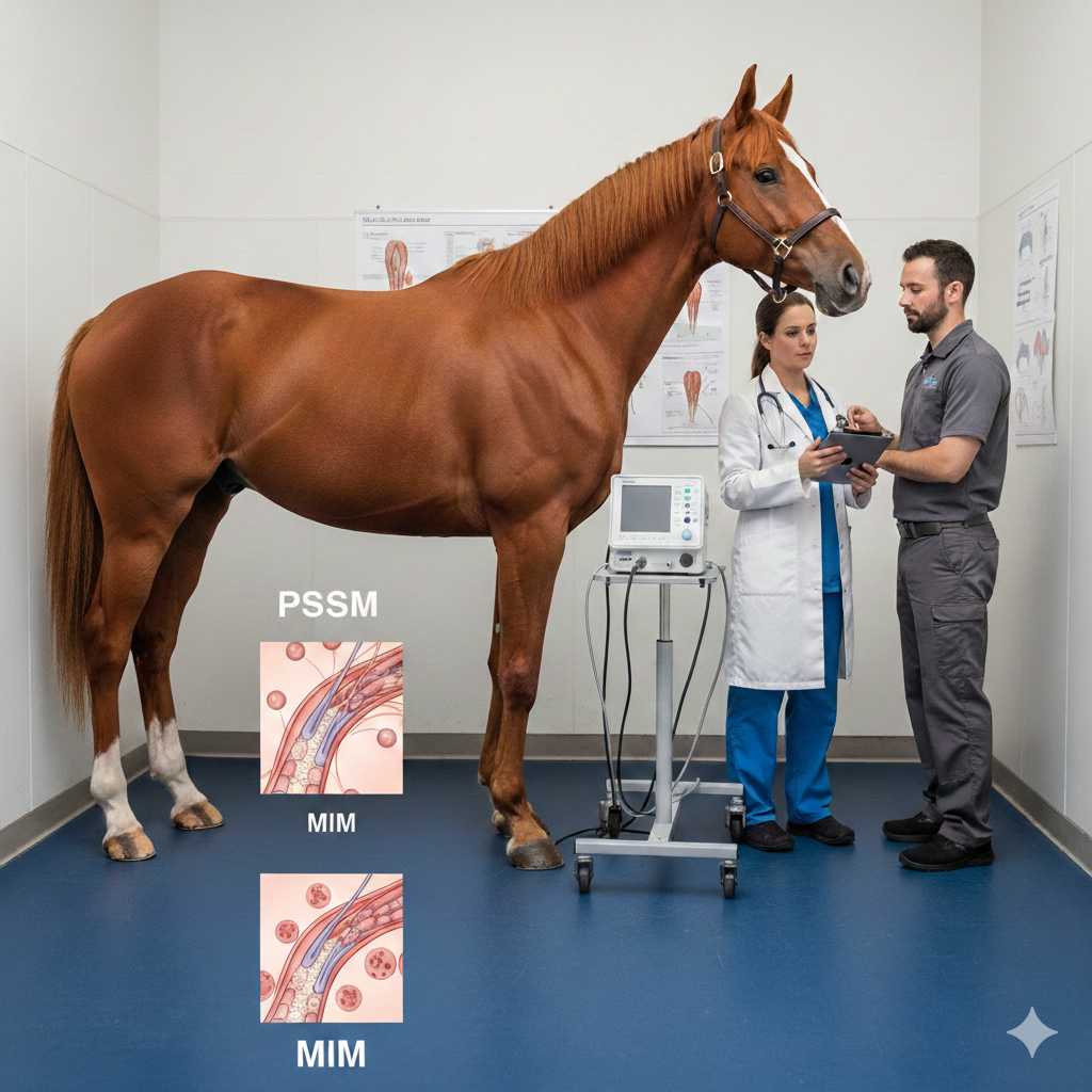 Pferd steht in einer Tierarztpraxis während einer Untersuchung; Tierärztin und Pferdebesitzer besprechen Befunde, mit eingeblendeten Grafiken zu PSSM und MIM.