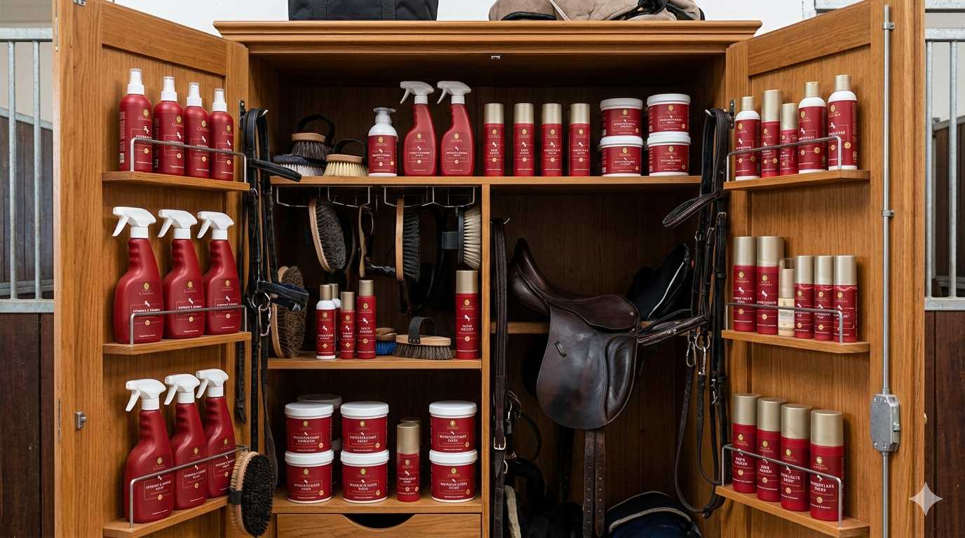 Offener Putzschrank mit roten Pferdepflegeprodukten, Bürsten, Sattel und Trense im Stall